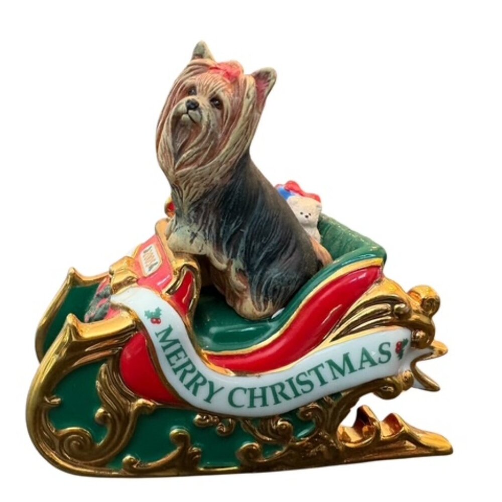 Danbury Mint Santa's Helper Yorkshire Terrier Sleigh Ornament 2005
